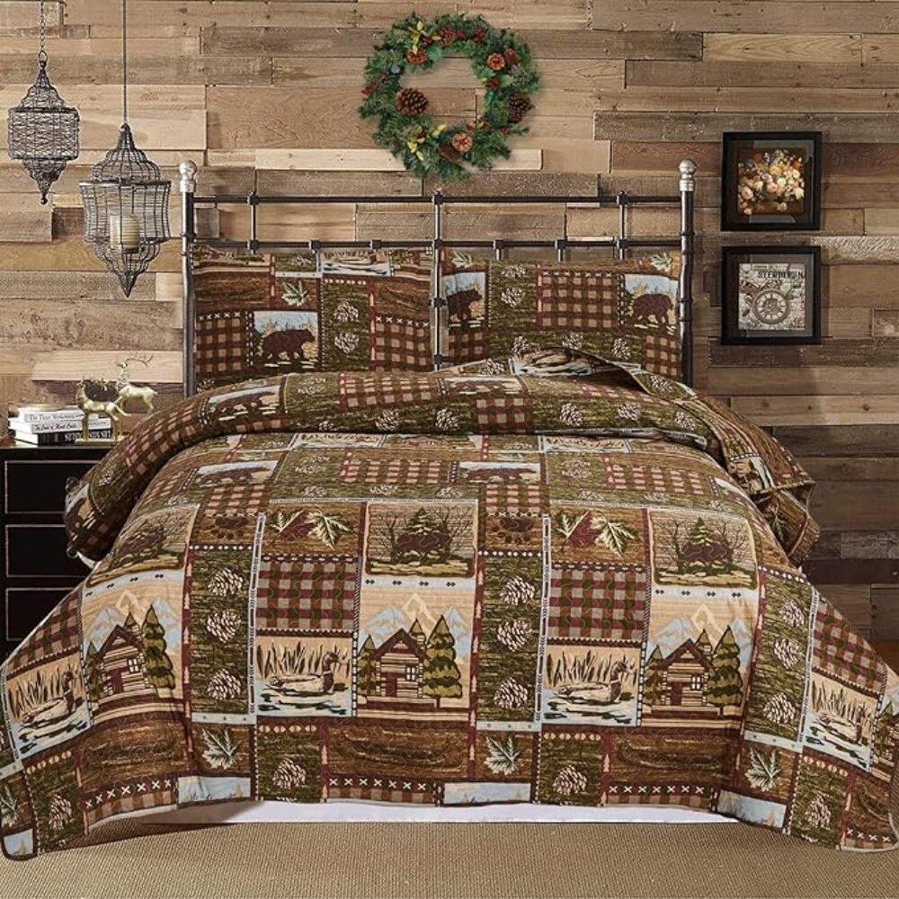 Lodge Bedspread, Rustic Cabin Quilt Sets Moose Bear Bedspread Coverlet Patchwork